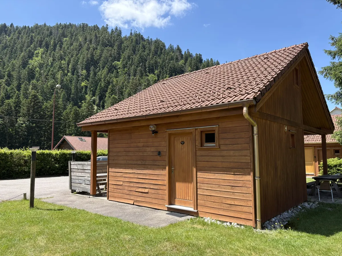 Le chalet Myosotis à Gérardmer, sa pelouse et la forêt de sapins en été